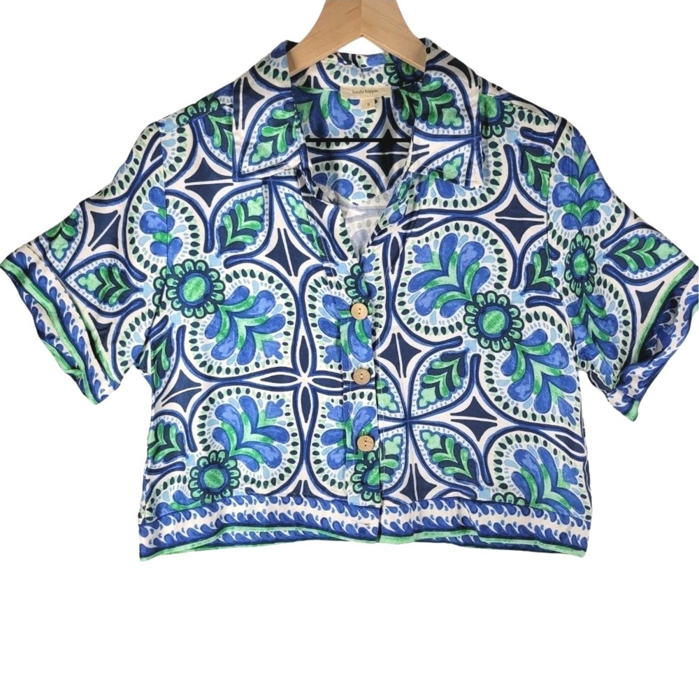 Haute Hippie Cropped Button Down Shirt Blue Green Watercolor Geometric Tile Top